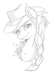 Size: 551x751 | Tagged: safe, artist:topas-art, applejack, g4, braid, ear fluff, female, flower, flower in hair, grayscale, monochrome, partial color, simple background, solo
