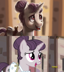 Size: 1016x1138 | Tagged: safe, artist:spirit-alu, sugar belle, pony, g4, apron, clothes, cute, female, hair bun, open mouth, our town, rope, scene interpretation, simple background, sketch, smiling, solo