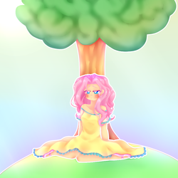 Size: 1000x1000 | Tagged: safe, artist:missmeower, fluttershy, human, g4, clothes, dress, female, heart eyes, humanized, lidded eyes, sitting, solo, tree, under the tree, wingding eyes