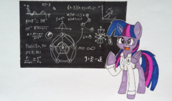 Size: 1548x909 | Tagged: safe, artist:ailynd, twilight sparkle, alicorn, pony, g4, chalk, chalkboard, clothes, female, glasses, magic, open mouth, shirt, solo, telekinesis, traditional art, twilight sparkle (alicorn)