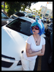 Size: 3456x4608 | Tagged: safe, artist:krazykari, dj pon-3, vinyl scratch, human, g4, car, clothes, cosplay, costume, high res, irl, irl human, photo, solo, sunglasses