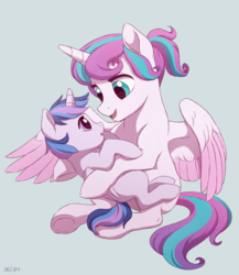 Size: 1387x1595 | Tagged: safe, artist:akeahi, princess flurry heart, oc, oc:ilumina, pony, g4, cousins, cute, duo, flurrybetes, foal, holding a pony, looking at each other, magical lesbian spawn, next generation, offspring, open mouth, parent:princess celestia, parent:twilight sparkle, parents:twilestia, simple background, smiling, spread wings, underhoof
