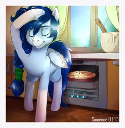 Size: 1100x1134 | Tagged: safe, artist:somepony-ul, oc, oc only, pegasus, pony, baking, bowl, coat markings, colored wings, colored wingtips, cooking, eyes closed, female, food, hairband, kitchen, mare, mixing bowl, oven, pie, socks (coat markings), solo