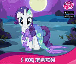 Size: 940x788 | Tagged: safe, gameloft, screencap, rarity, pony, unicorn, g4, official, captain obvious, clothes, costume, dress, fabulous, female, mare, mermarity, my little pony logo, nightmare night costume, rarity's mermaid dress, solo