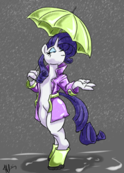 Size: 1500x2094 | Tagged: safe, artist:bastianmage, rarity, anthro, unguligrade anthro, g4, barbie doll anatomy, breastless female, female, galoshes, rain, raincoat, solo, three fingers, umbrella