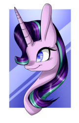 Size: 437x678 | Tagged: safe, artist:symphstudio, starlight glimmer, g4, big ears, bust, female, horn, impossibly large ears, long horn, portrait, smiling, solo
