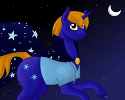 Size: 1280x1024 | Tagged: safe, artist:starry_bright, oc, oc only, oc:star bright, pony, unicorn, cape, clothes, horn, looking at you, male, moon, night, night sky, sky, solo, stallion, stars, unicorn oc, wizard