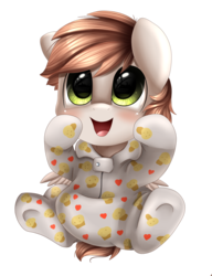 Size: 1624x2117 | Tagged: safe, artist:pridark, oc, oc only, oc:onesie, pegasus, pony, clothes, commission, cute, footed sleeper, open mouth, pajamas, simple background, sitting, solo, transparent background, underhoof