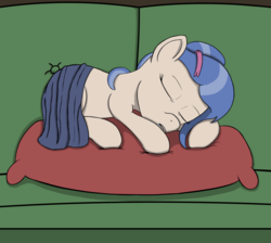 Size: 1200x1074 | Tagged: safe, artist:dopeedit, oc, oc only, oc:cutie stripe, blanket, couch, eyes closed, female, filly, pillow, ribbon, sleeping, solo
