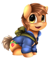 Size: 1975x2256 | Tagged: safe, artist:pridark, oc, oc only, earth pony, pony, backpack, clothes, commission, cute, open mouth, simple background, sitting, solo, transparent background