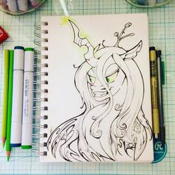 Size: 960x960 | Tagged: safe, artist:spirit-woods, queen chrysalis, g4, female, grin, magic, monochrome, smiling, solo, traditional art