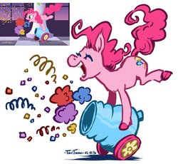 Size: 700x644 | Tagged: dead source, safe, artist:taritoons, pinkie pie, earth pony, pony, g4, female, mare, partillery, party cannon, scene interpretation, screencap reference, solo
