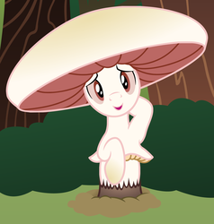 Size: 1778x1864 | Tagged: oc name needed, safe, artist:badumsquish, derpibooru exclusive, oc, oc only, mushroom pony, original species, g4, agaricus arvensis, bashful, forest, looking at you, male, mushroom, raised hoof, smiling, solo