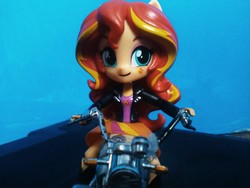 Size: 2592x1944 | Tagged: safe, sunset shimmer, equestria girls, g4, clothes, doll, equestria girls minis, female, motorcycle, skirt, solo, toy