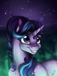 Size: 3000x4000 | Tagged: safe, artist:lupiarts, starlight glimmer, g4, cute, eye reflection, female, forest, grin, night, sky, smiling, solo, stars
