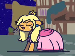 Size: 1280x960 | Tagged: safe, artist:flutterluv, applejack, g4, applejack is not amused, clothes, costume, dress, female, halloween, nightmare night, princess peach, puffy sleeves, solo, super mario bros., unamused