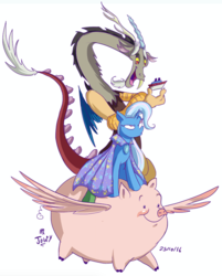 Size: 715x890 | Tagged: safe, artist:jowyb, discord, trixie, draconequus, flying pig, pig, pony, unicorn, g4, to where and back again, annoyed, featured image, female, flying, male, mare, open mouth, ponies riding pigs, riding, shipping, signature, simple background, smiling, spread wings, straight, toy boat, trixcord, trixie's cape, white background