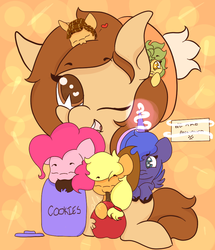 Size: 827x960 | Tagged: safe, artist:hedgehog-plant, applejack, pinkie pie, princess luna, oc, oc:catnap, oc:sugarsnap, alicorn, earth pony, pony, g4, abstract background, apple, cookie, cookie jar, female, food, heart, heart eyes, mare, wingding eyes