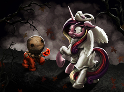 Size: 1600x1181 | Tagged: safe, artist:harwick, princess cadance, g4, britt mckillip, candy, clothes, costume, crossover, dress, filly, lollipop, nightmare night, sam, scared, skirt, trick 'r treat, underhoof, voice actor joke