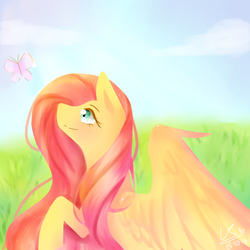 Size: 3000x3000 | Tagged: safe, artist:lovesshy32114, fluttershy, butterfly, g4, bright, bust, female, grass field, high res, looking at something, looking up, profile, raised hoof, solo, spread wings