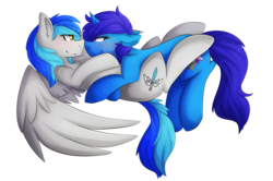 Size: 2401x1597 | Tagged: safe, artist:oddends, oc, oc only, oc:coldfire, oc:delly, pegasus, pony, unicorn, blushing, crying, cute, eye contact, fangs, female, floppy ears, happy, hug, lesbian, looking at each other, mare, shipping, simple background, smiling, smirk, transparent background