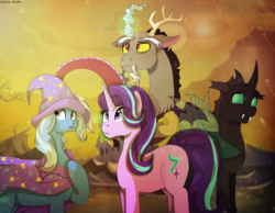 Size: 4145x3221 | Tagged: safe, artist:asika-aida, discord, starlight glimmer, thorax, trixie, pony, unicorn, g4, to where and back again, female, group, high res, mare, reformed four
