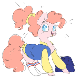 Size: 1063x1041 | Tagged: safe, artist:nobody, pinkie pie, g4, alternate hairstyle, bag, chest fluff, clothes, cute, female, heart eyes, jacket, looking at you, open mouth, ponytail, socks, solo, tail wrap, teenager, wingding eyes, younger