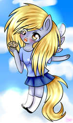 Size: 1200x2000 | Tagged: safe, artist:missmeower, derpy hooves, anthro, g4, blushing, clothes, cute, derpabetes, female, food, moe, muffin, pleated skirt, shoes, skirt, socks, solo