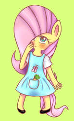 Size: 875x1424 | Tagged: safe, artist:missmeower, fluttershy, anthro, g4, blushing, clothes, dress, female, solo