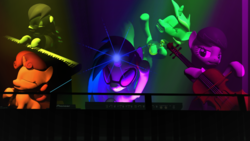 Size: 2000x1125 | Tagged: safe, coloratura, dj pon-3, lyra heartstrings, octavia melody, sweetie belle, vinyl scratch, earth pony, pony, unicorn, g4, 3d, cello, eyes closed, lights, lyre, magic, musical instrument, piano, rara, singing, source filmmaker, turntable