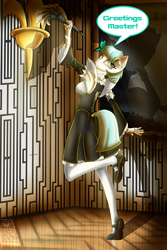 Size: 2400x3600 | Tagged: safe, artist:elmutanto, coco pommel, oc, oc only, oc:cocobot, robot, anthro, plantigrade anthro, g4, clothes, corset, cute, dress, duster, dusting, female, greeting, high res, maid, mary janes, master, pantyhose, shoes, skirt, solo, speech, stockings