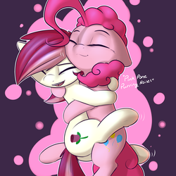 Size: 2400x2400 | Tagged: safe, artist:captainpudgemuffin, pinkie pie, roseluck, earth pony, pony, behaving like a cat, captainpudgemuffin is trying to murder us, commission, cute, descriptive noise, diapinkes, duo, eyes closed, female, floppy ears, hug, mare, nuzzling, open mouth, purring, shivering, smiling, snuggling, underhoof