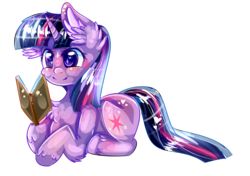 Size: 2275x1603 | Tagged: safe, artist:sunshinejoyyt, twilight sparkle, g4, book, chest fluff, ear fluff, female, fluffy, prone, simple background, solo, transparent background