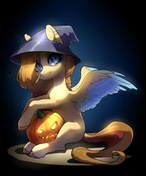 Size: 3329x4000 | Tagged: safe, artist:aphphphphp, oc, oc only, pegasus, pony, spider, colored wings, colored wingtips, ear piercing, earring, hat, jack-o-lantern, jewelry, looking at you, piercing, pumpkin, sitting, slit pupils, solo, unshorn fetlocks, witch hat