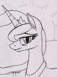 Size: 800x1074 | Tagged: safe, artist:shikogo, princess luna, g4, female, inktober, inktober 2016, looking at you, monochrome, smiling, solo, sunrise, tired, traditional art
