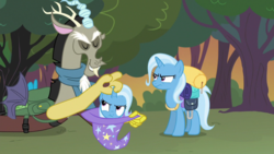 Size: 1280x720 | Tagged: safe, screencap, discord, trixie, pony, unicorn, g4, to where and back again, discord being discord, female, magic trick, mare, trixie is not amused, trixiesception