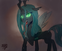 Size: 1440x1200 | Tagged: safe, artist:thethunderpony, edit, queen chrysalis, changeling, changeling queen, g4, bedroom eyes, crown, fangs, female, glowing eyes, jewelry, lidded eyes, long tongue, open mouth, quadrupedal, regalia, solo, tongue out