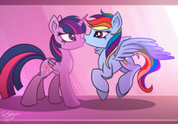 Size: 2375x1659 | Tagged: safe, artist:pedrohander, rainbow dash, twilight sparkle, alicorn, pegasus, pony, g4, :o, bedroom eyes, eye contact, female, flying, kissing, lesbian, looking at each other, mare, nose kiss, open mouth, ship:twidash, shipping, spread wings, twilight sparkle (alicorn)