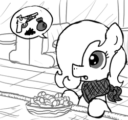 Size: 640x600 | Tagged: safe, artist:ficficponyfic, oc, oc only, oc:emerald jewel, earth pony, pony, colt quest, bag, bandana, black and white, booth, bowl, colt, counter, femboy, flintlock, food, glass, grayscale, gun, gunpowder, hair over one eye, male, monochrome, salad, solo, story included, table, weapon, window