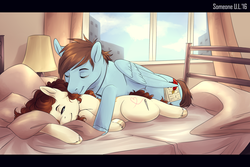 Size: 1280x856 | Tagged: safe, artist:somepony-ul, oc, oc only, oc:charlie, oc:sorren, earth pony, pegasus, pony, bed, bedroom, charren, commission, couple, cute, hug, male, morning ponies, romance, stallion, straight, sweet