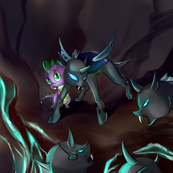 Size: 2000x2000 | Tagged: safe, artist:juliagoldfox, spike, thorax, changeling, g4, high res, protecting