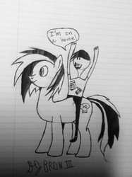Size: 1936x2592 | Tagged: safe, artist:djbroniii, oc, oc only, oc:smartass pone, black and white, dialogue, duo, grayscale, lined paper, monochrome, peanutbuttergamer, text, traditional art
