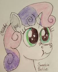 Size: 777x960 | Tagged: safe, artist:rapidsnap, sweetie belle, pony, unicorn, g4, bust, female, portrait, scrunchy face, solo, traditional art