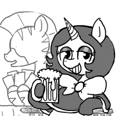 Size: 640x600 | Tagged: safe, artist:ficficponyfic, oc, oc only, oc:joyride, pony, unicorn, zebra, colt quest, adult, alcohol, beer, bowtie, card, chair, clothes, cyoa, eyeshadow, female, grin, horn, leggings, makeup, mantle, mare, monochrome, mug, sitting, smiling, solo focus, story included, table
