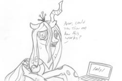 Size: 1114x745 | Tagged: artist needed, source needed, safe, queen chrysalis, g4, /mlp/, computer, female, laptop computer, monochrome, solo, traditional art