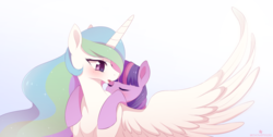 Size: 1280x643 | Tagged: dead source, safe, artist:verawitch, princess celestia, twilight sparkle, alicorn, pony, g4, blushing, colored pupils, eyes closed, fairandfaithful, female, hug, lesbian, looking back, mare, open mouth, ponies riding ponies, riding, ship:twilestia, shipping, simple background, spread wings, surprised, twilight riding celestia, twilight sparkle (alicorn), white background