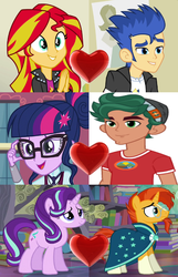 Size: 480x747 | Tagged: safe, edit, edited screencap, screencap, flash sentry, sci-twi, starlight glimmer, sunburst, sunset shimmer, timber spruce, twilight sparkle, equestria girls, g4, cropped, heart, magical trio, male, ship:flashimmer, ship:starburst, shipping, shipping domino, straight, timbertwi