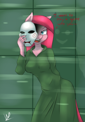 Size: 1361x1953 | Tagged: safe, artist:wolfy-pony, pinkie pie, earth pony, anthro, g4, breasts, clothes, crossover, dialogue, female, halloween, jigsaw, open mouth, pinkamena diane pie, saw (movie), solo, text