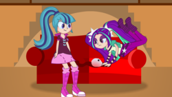Size: 1920x1080 | Tagged: safe, artist:soniclegacy1, aria blaze, sonata dusk, equestria girls, g4, boots, clothes, couch, high heel boots, high heels, pigtails, ponytail, skirt, socks, twintails, youtube link