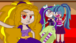 Size: 3840x2160 | Tagged: safe, artist:soniclegacy1, adagio dazzle, aria blaze, sonata dusk, human, g4, alternate eye color, breasts, cleavage, clothes, couch, duckface, female, high res, photo, skirt, the dazzlings, youtube link